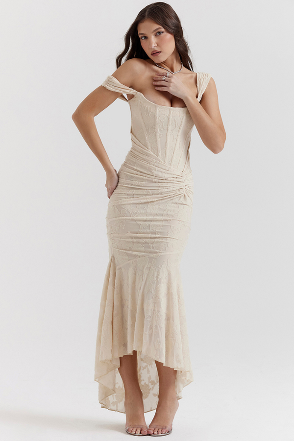 Vestido Maxi Corset Fruncido Octavie en Beige