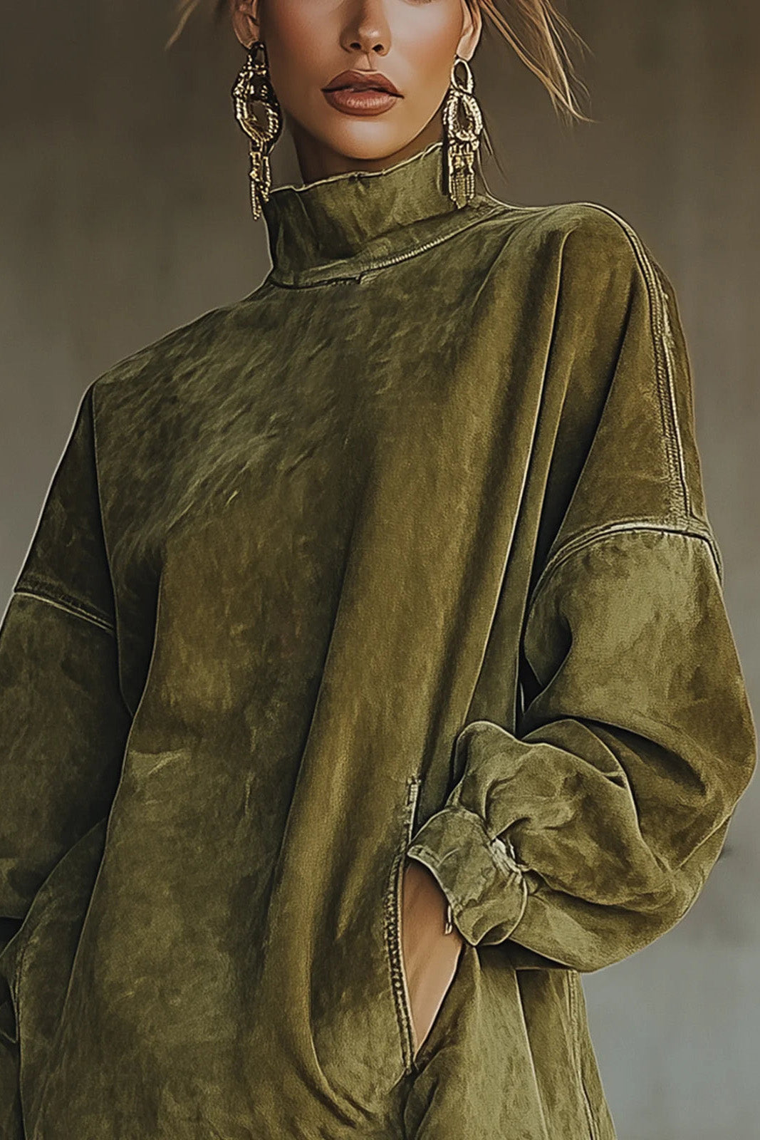 Faux Suede Turtleneck Dress With Fringe Hem