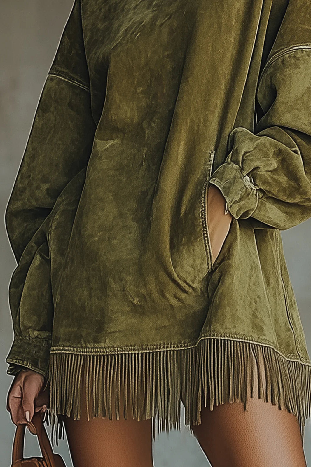 Faux Suede Turtleneck Dress With Fringe Hem