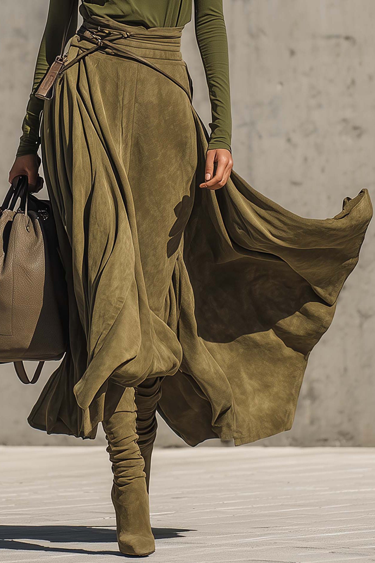 Olive Green Stretch Turtleneck Top And Faux Suede Maxi Skirt Set