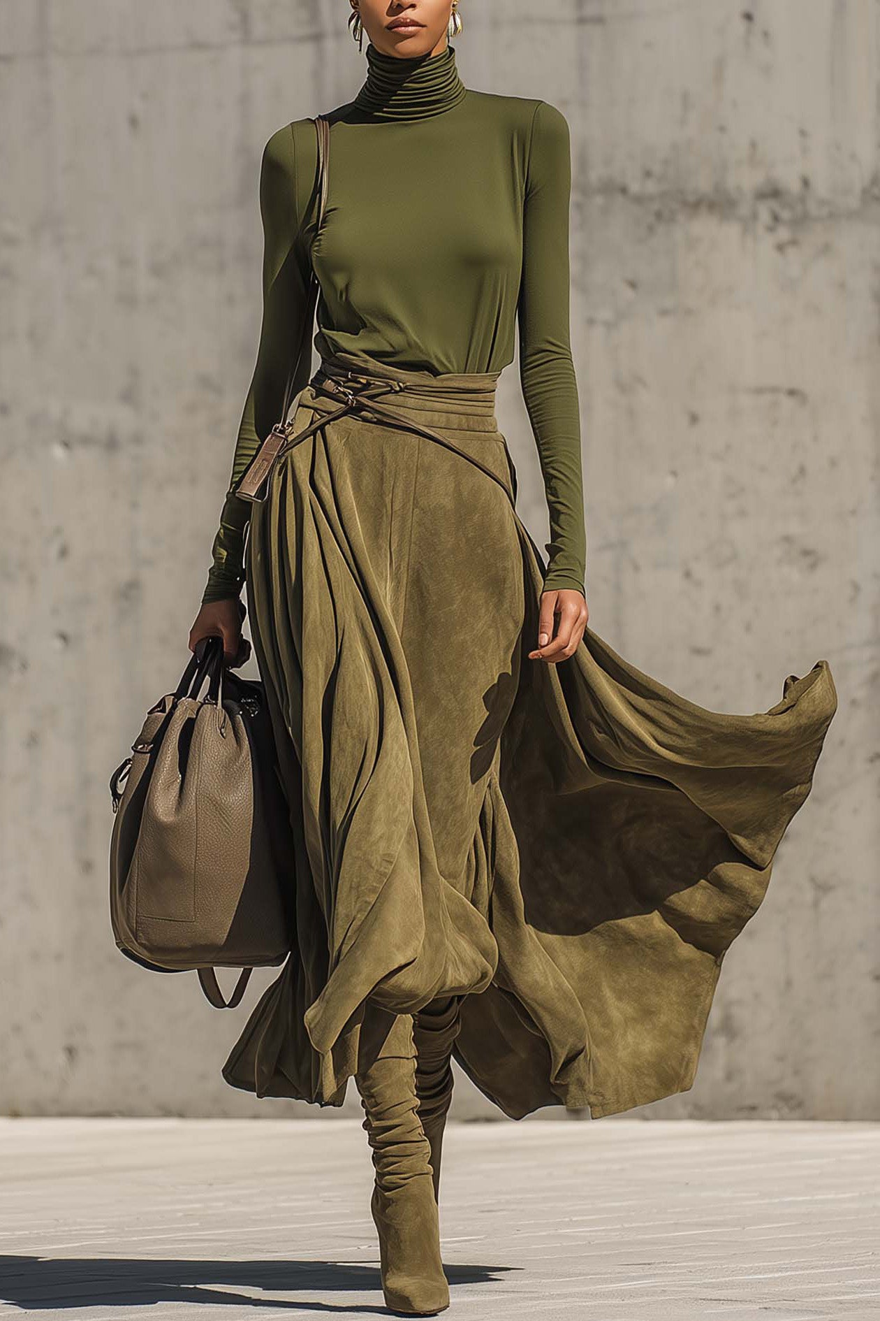 Olive Green Stretch Turtleneck Top And Faux Suede Maxi Skirt Set