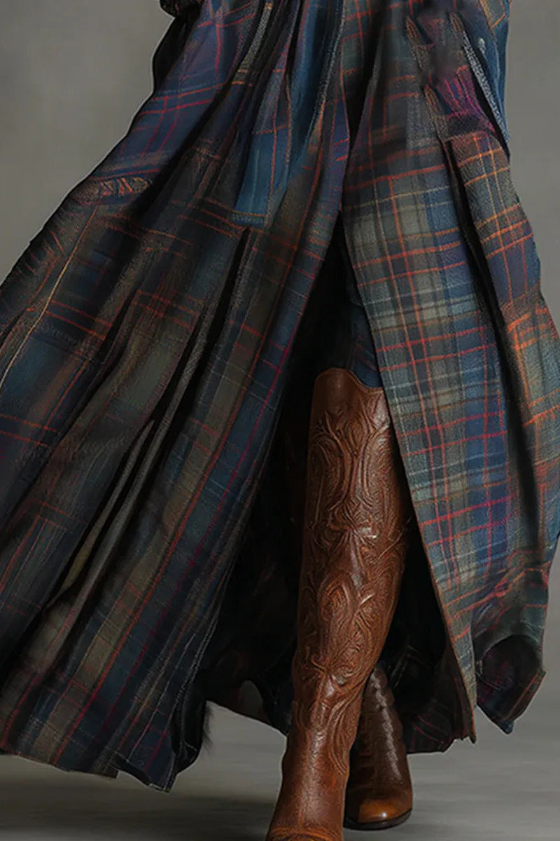 Retro Ethnic Style Blue Faux Suede Plaid Maxi Dress(Includes belt)