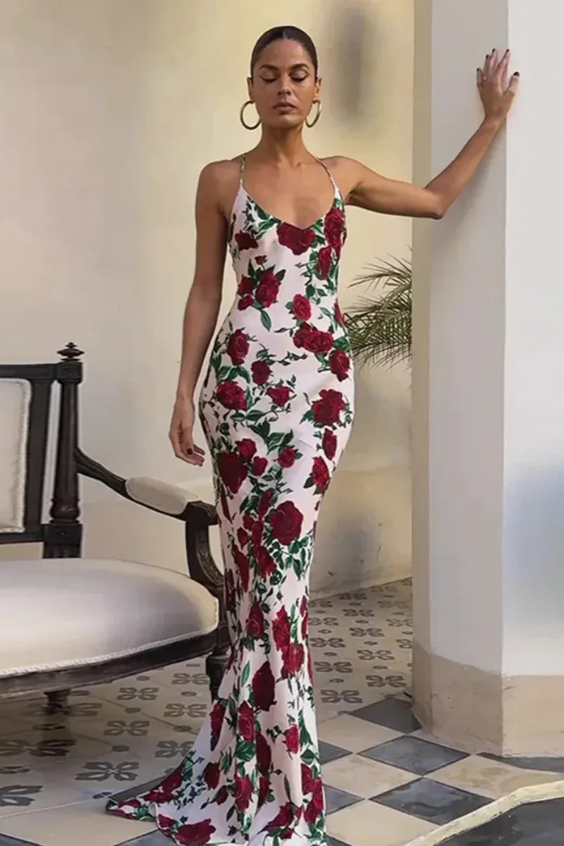 backless floral print maxi dress Green PrettyLittleThing Chiffon Floral Print Beaded Backless Maxi Dress