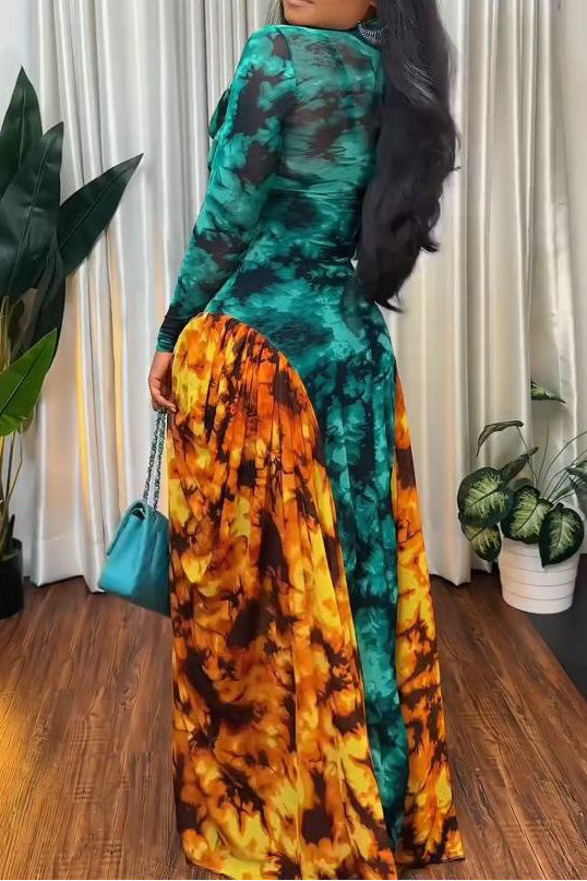 Teal & Orange Tie-Dye Mesh Panel Maxi Dress