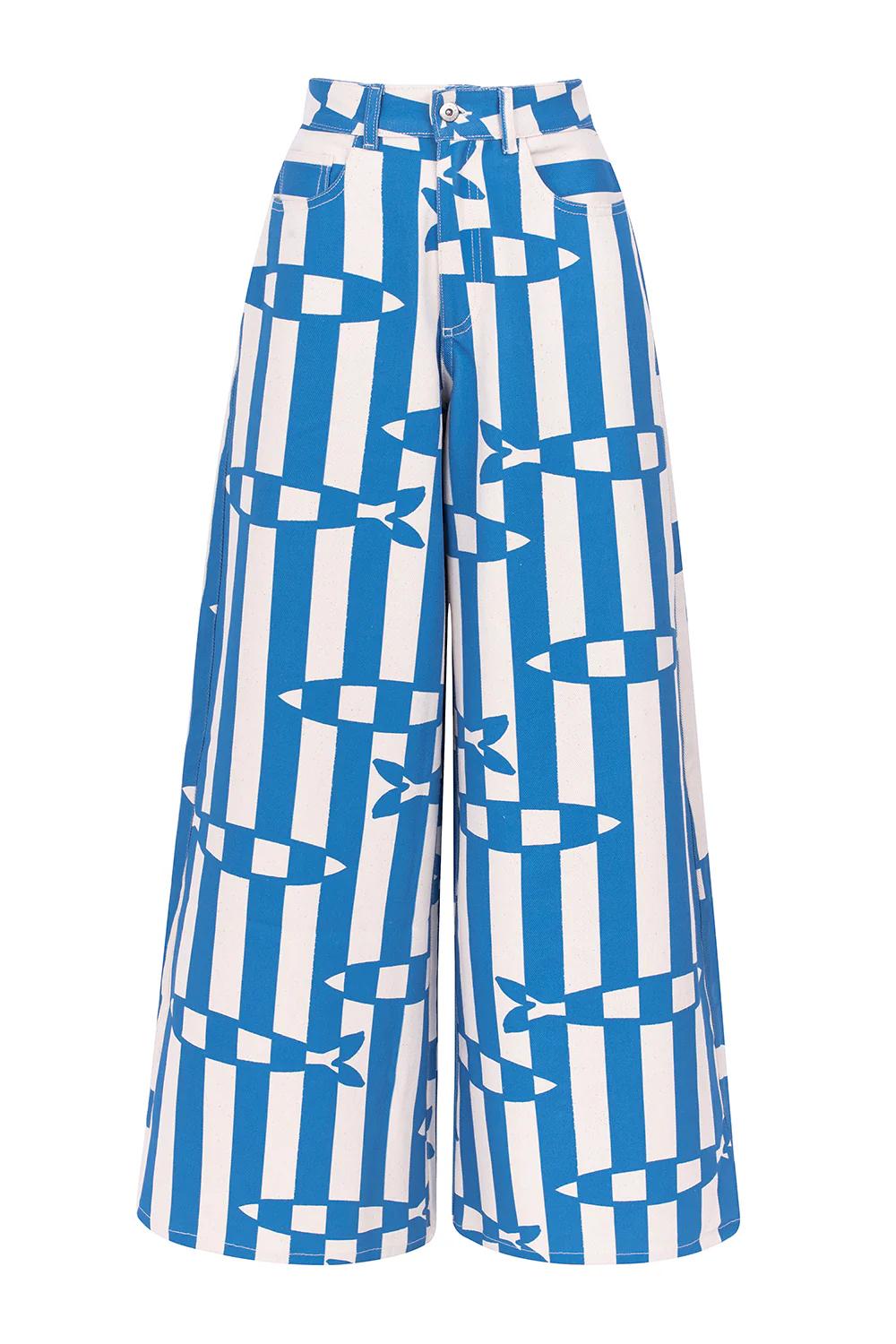 Fish Print Striped Wide Leg Pants