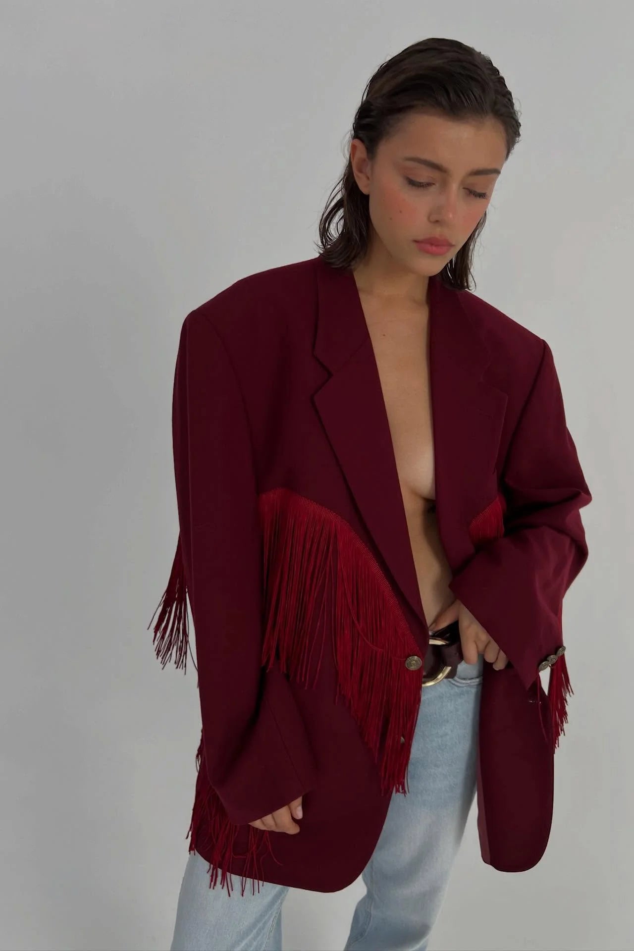 Burgundy Fringe Heart Blazer Jacket