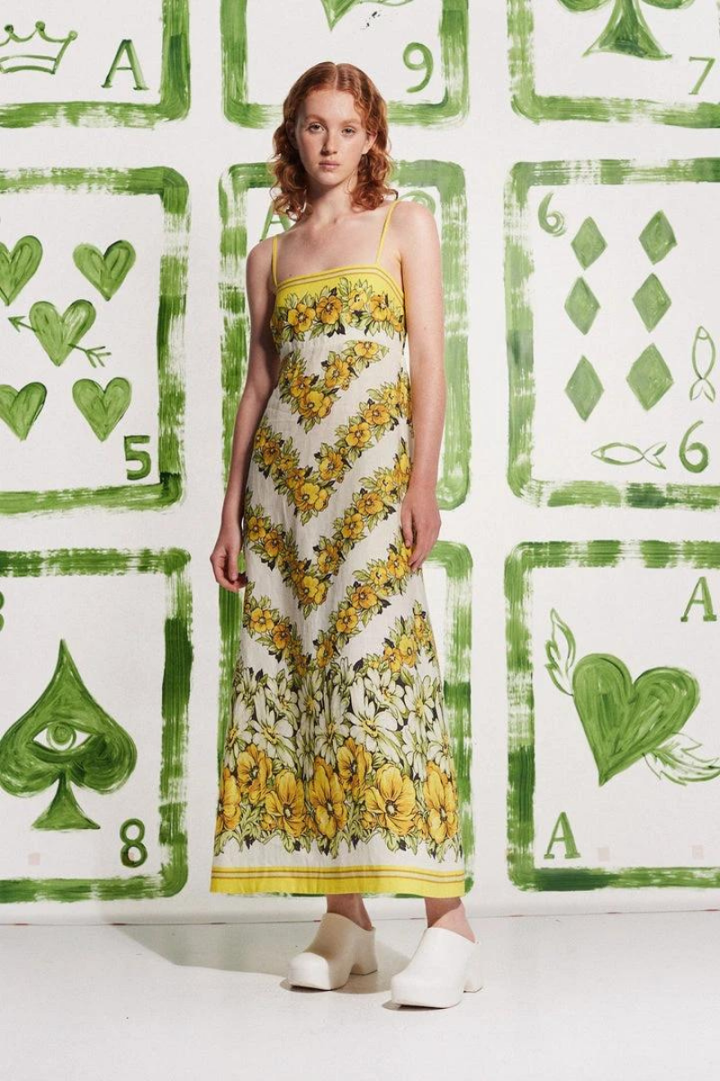 Robe longue fleurie à fines bretelles Tristane en jaune