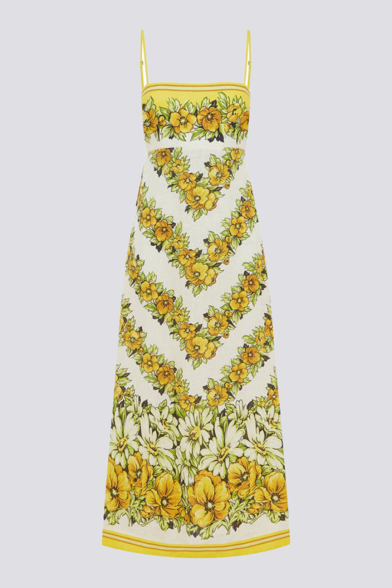 Robe longue fleurie à fines bretelles Tristane en jaune