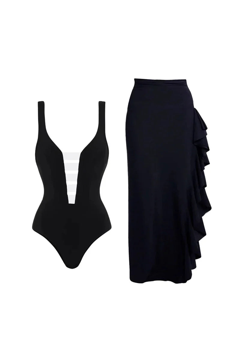 Colorblock Minimal One Piece Swimsuit Set