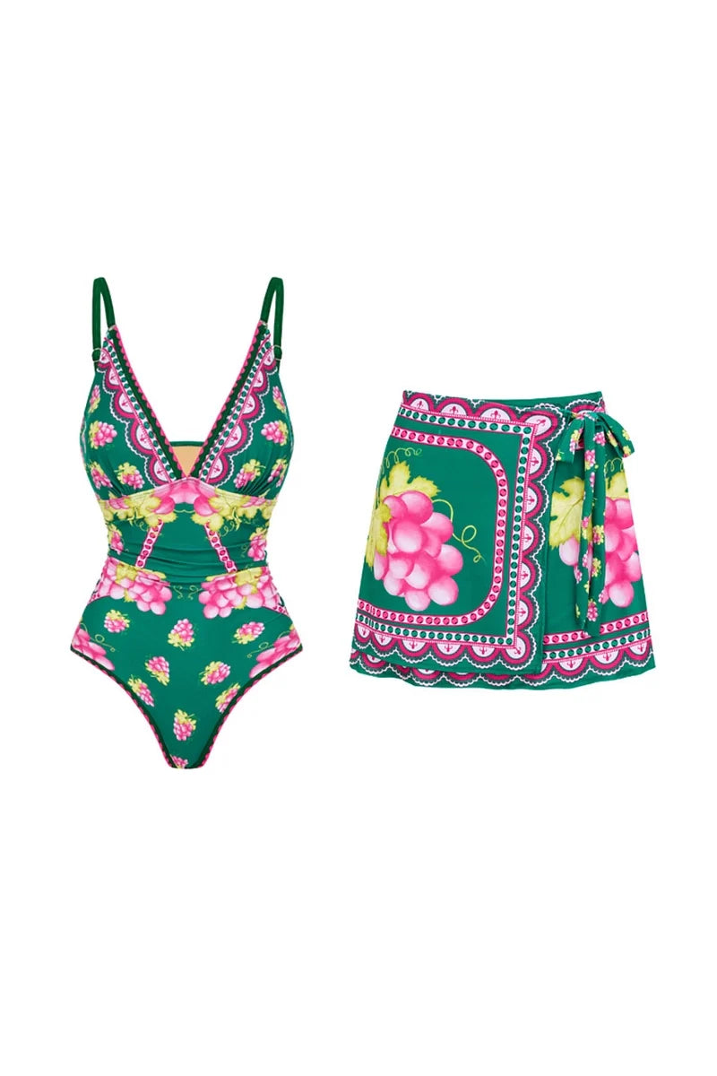 Deep V Spaghetti Strap Skirted Swimsuit Set