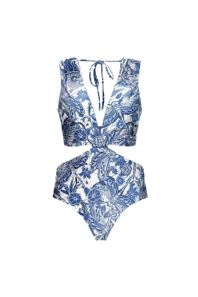 Dragonfly V Neck Cutout Skirted Swimsuit Set