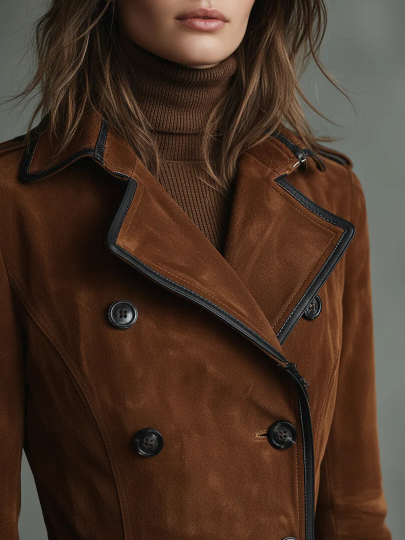 Cappotto lungo doppiopetto con rever, rifiniture in suede e nero