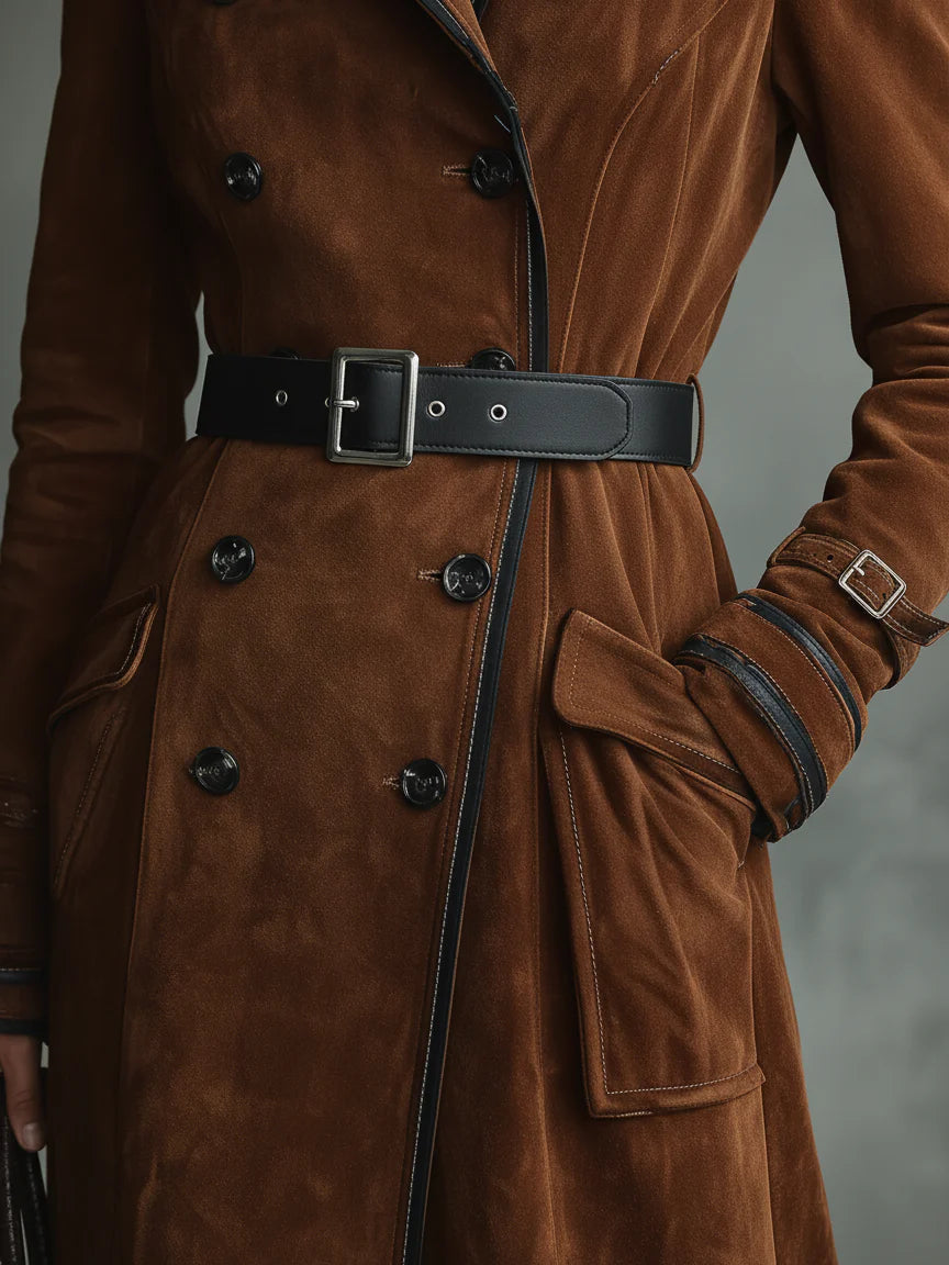 Cappotto lungo doppiopetto con rever, rifiniture in suede e nero