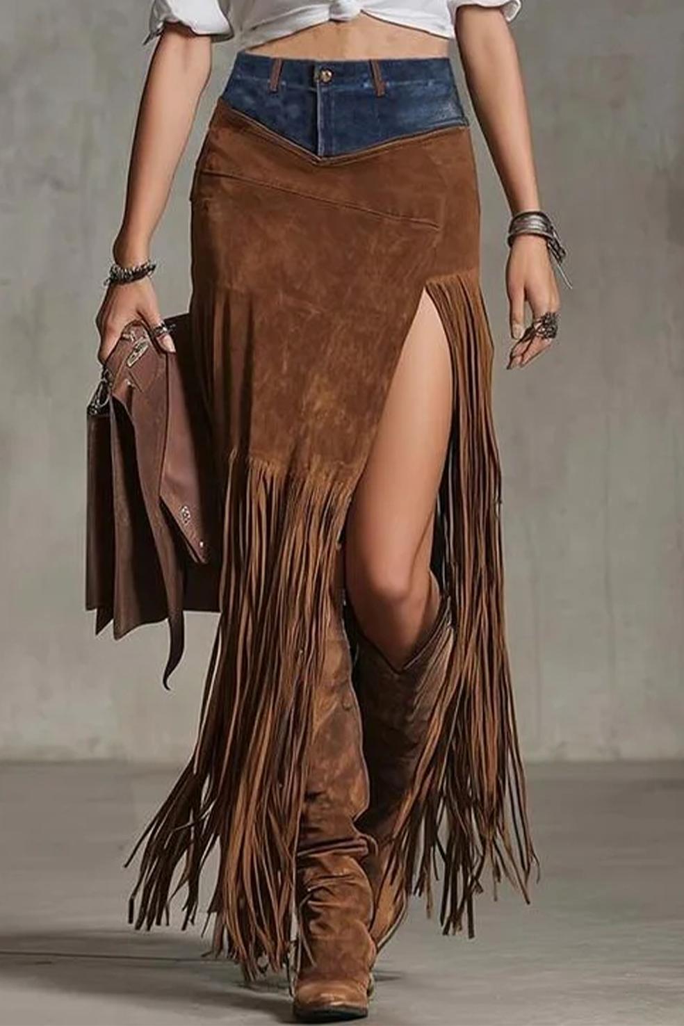 Suede Fringe Maxi Skirt
