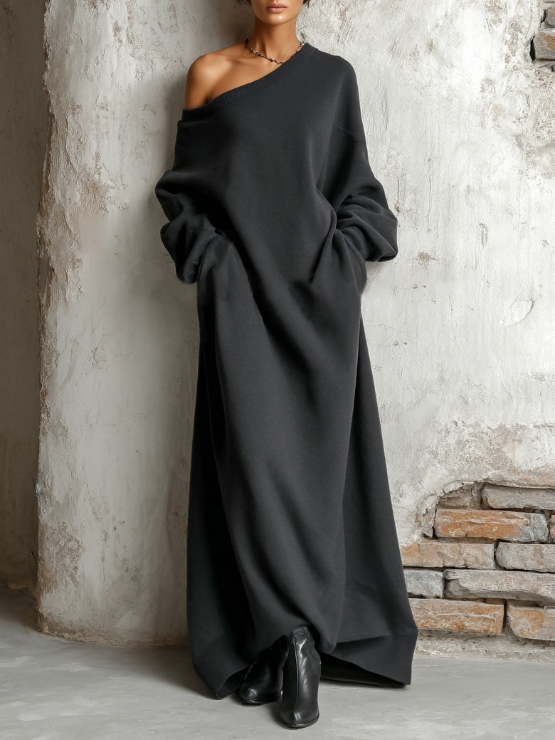 Sort off-shoulder bomulds sweatshirt maxikjole