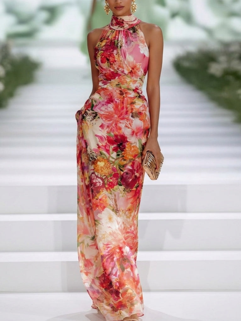 Red Chiffon Floral Halter-neck Sleeveless Maxi Dress Red Chiffon Floral Halter-neck Sleeveless Maxi Dress
