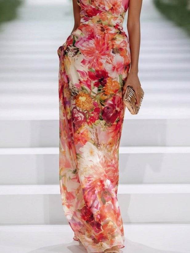 Rout Chiffon Maxi-Kleed mat Blummemuster, Halter-Kraang an ouni Äerm