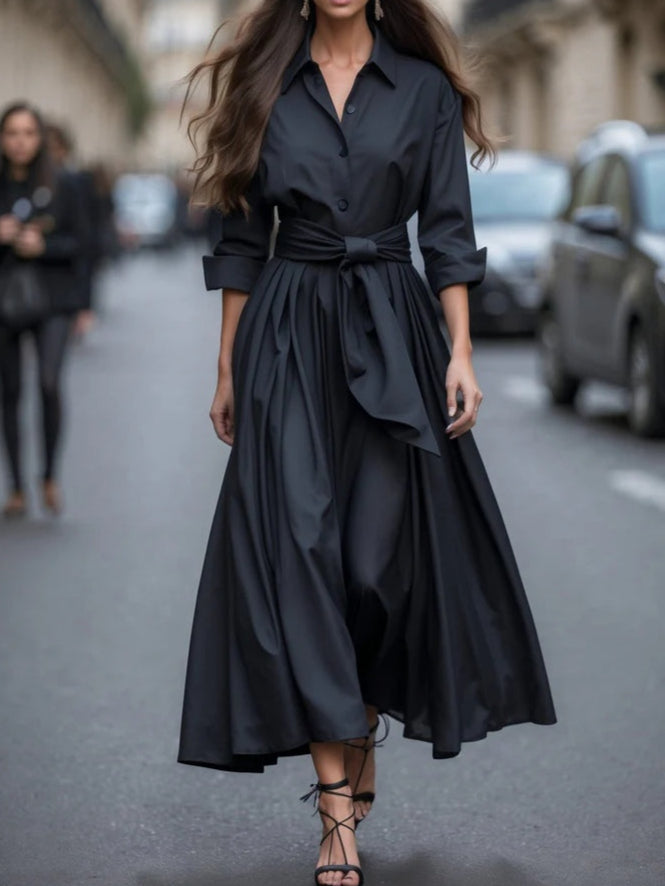 Elegante Maxi-Rob mat laange Äerm am Hiemstil a Bindegürtel