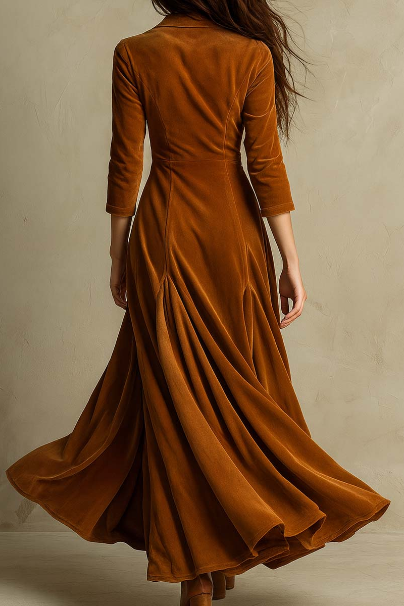 Brown Elegant Retro Suit Collar Velvet Long Dress