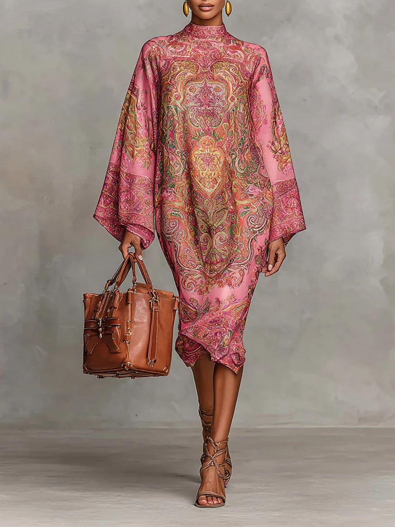 Vestido midi suelto con mangas largas acampanadas y estampado de cachemira rosa