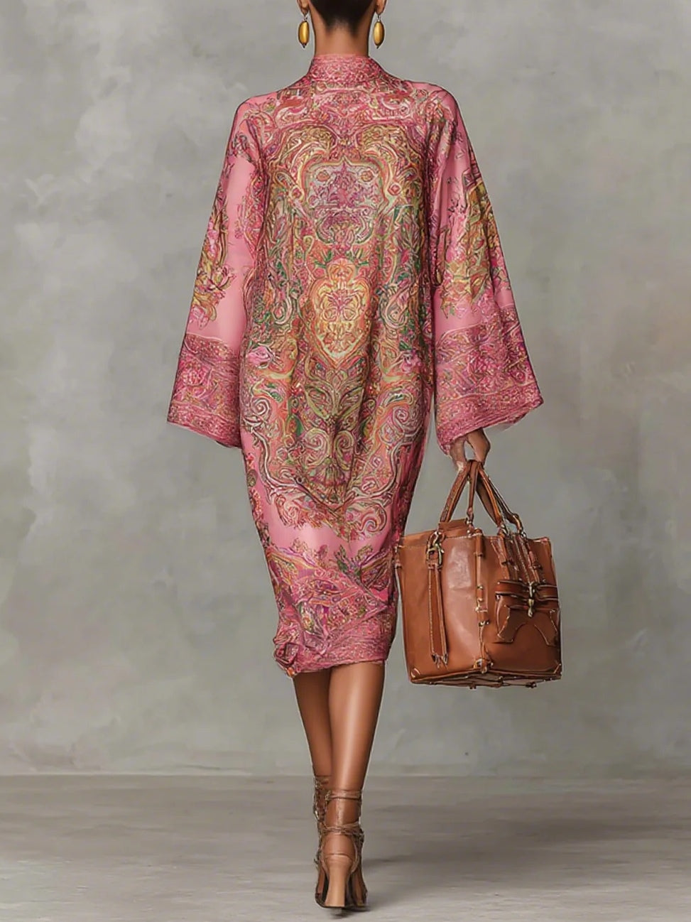 Vestido midi suelto con mangas largas acampanadas y estampado de cachemira rosa