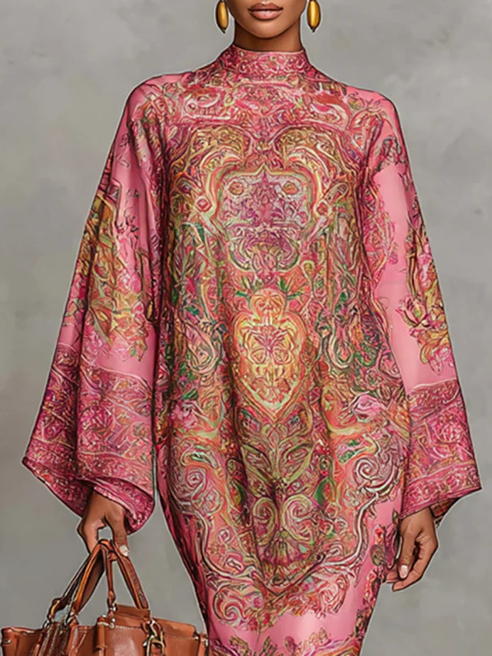 Vestido midi suelto con mangas largas acampanadas y estampado de cachemira rosa