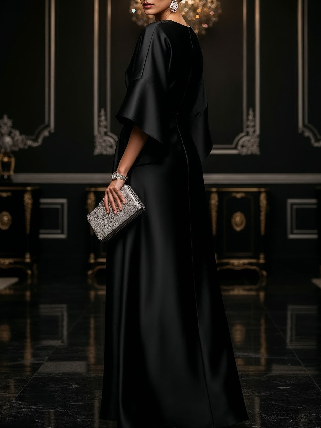 Schwaarze Luxe Satin Maxi-Kleed