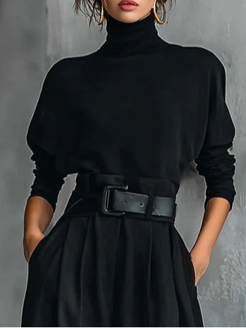 Schwaarzt Rollkragen T‑Shirt mat laange Äerm a riicht Beem Boxen, Zwee-Deeler Set (inklusive Gürtel)