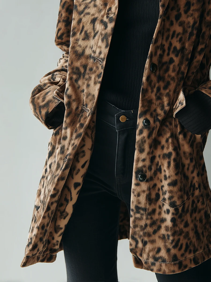 Veste vintage en suédine écologique imprimé léopard marron