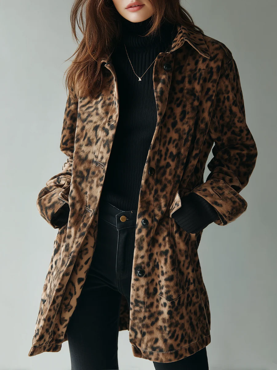 Veste vintage en suédine écologique imprimé léopard marron