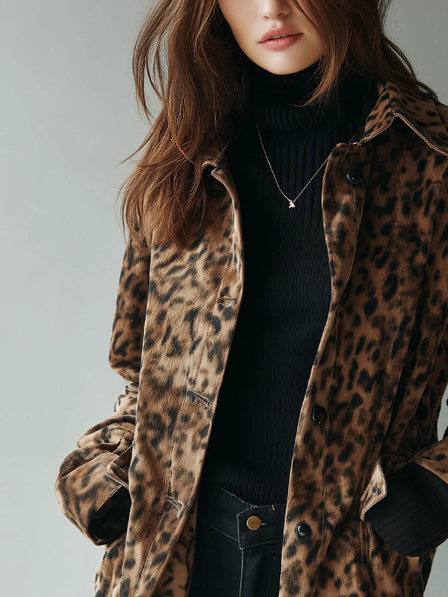 Veste vintage en suédine écologique imprimé léopard marron