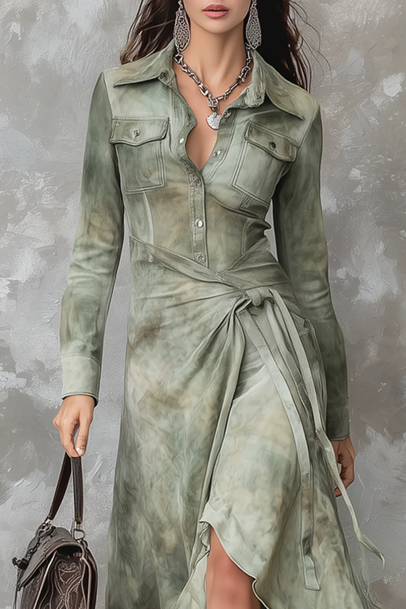 Vintage Sage Green Tie-Dye Pocket Slim Suede Maxi Dress