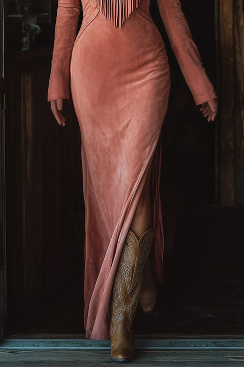 Vintage Western Tassel Embroidered Pink Faux Suede Maxi Dress