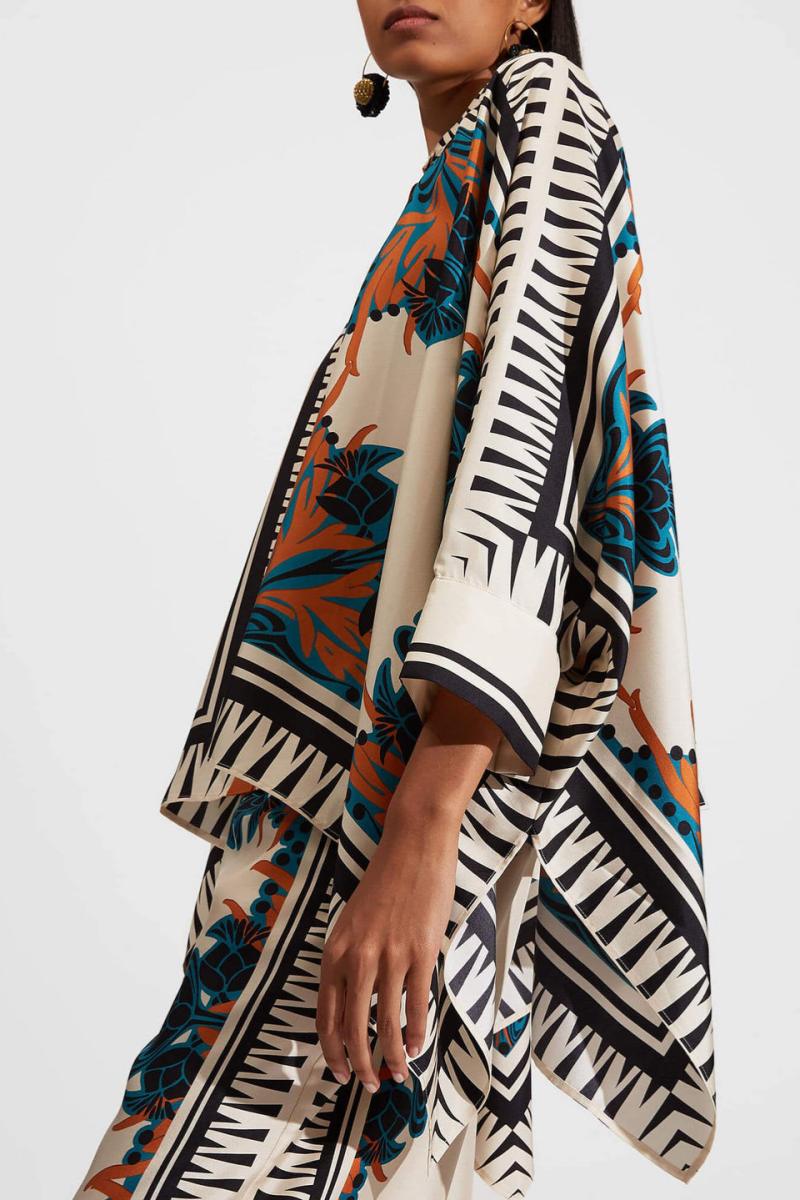 고급 새틴 꽃무늬 배트윙 슬리브 팬츠 세트 - 오렌지