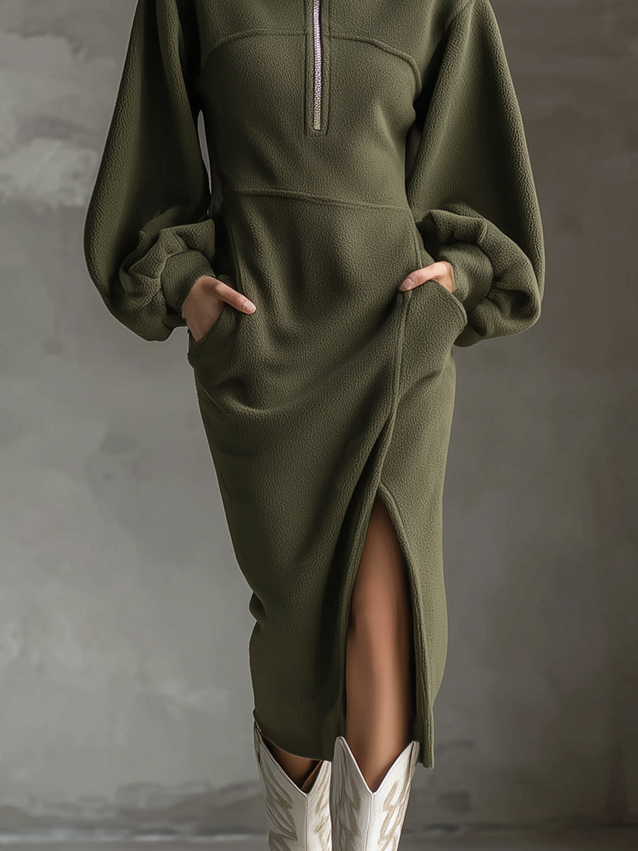 Vestido Midi em Polar Macio com Mangas Lanternas, Fecho Frontal e Fenda Lateral