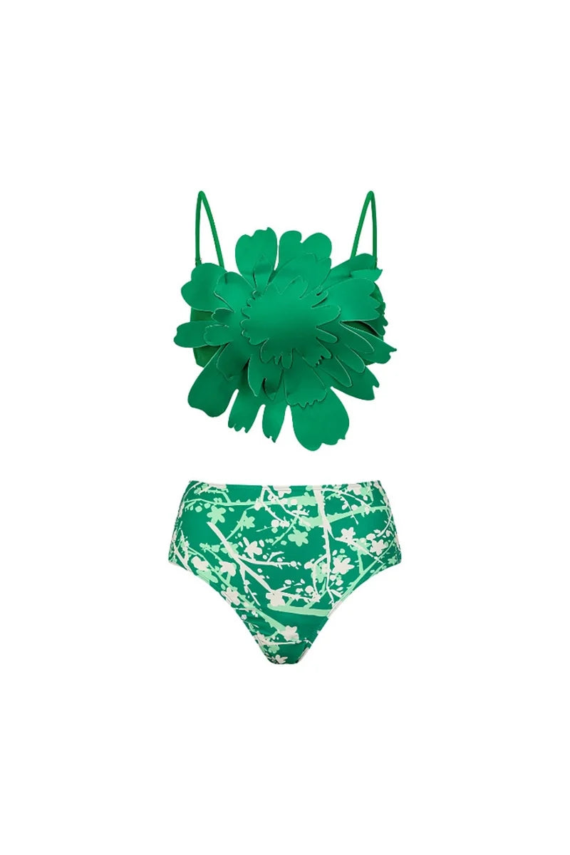 Floral Accent Green Printed Bikini Set