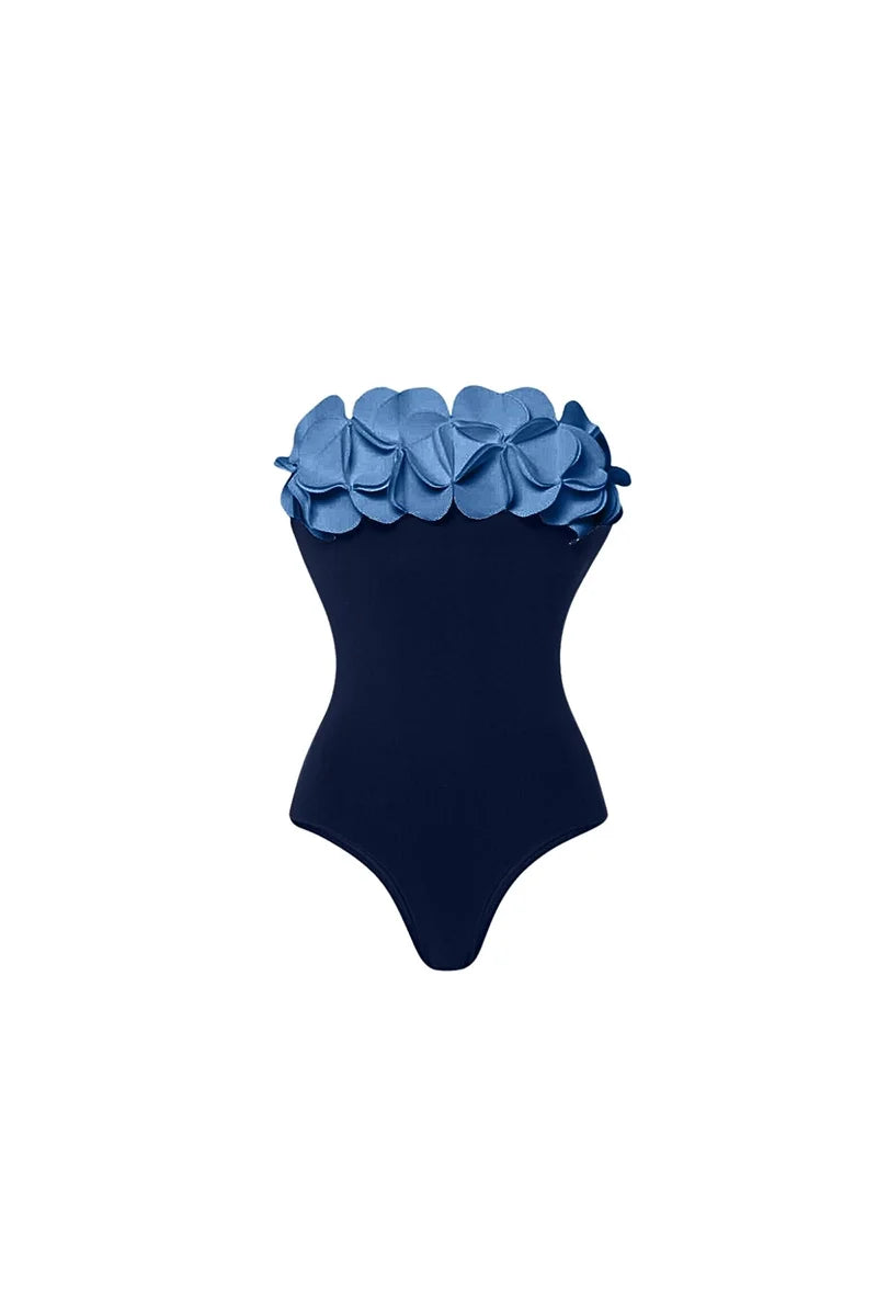 Blue 3D Floral Strapless Swimsuit