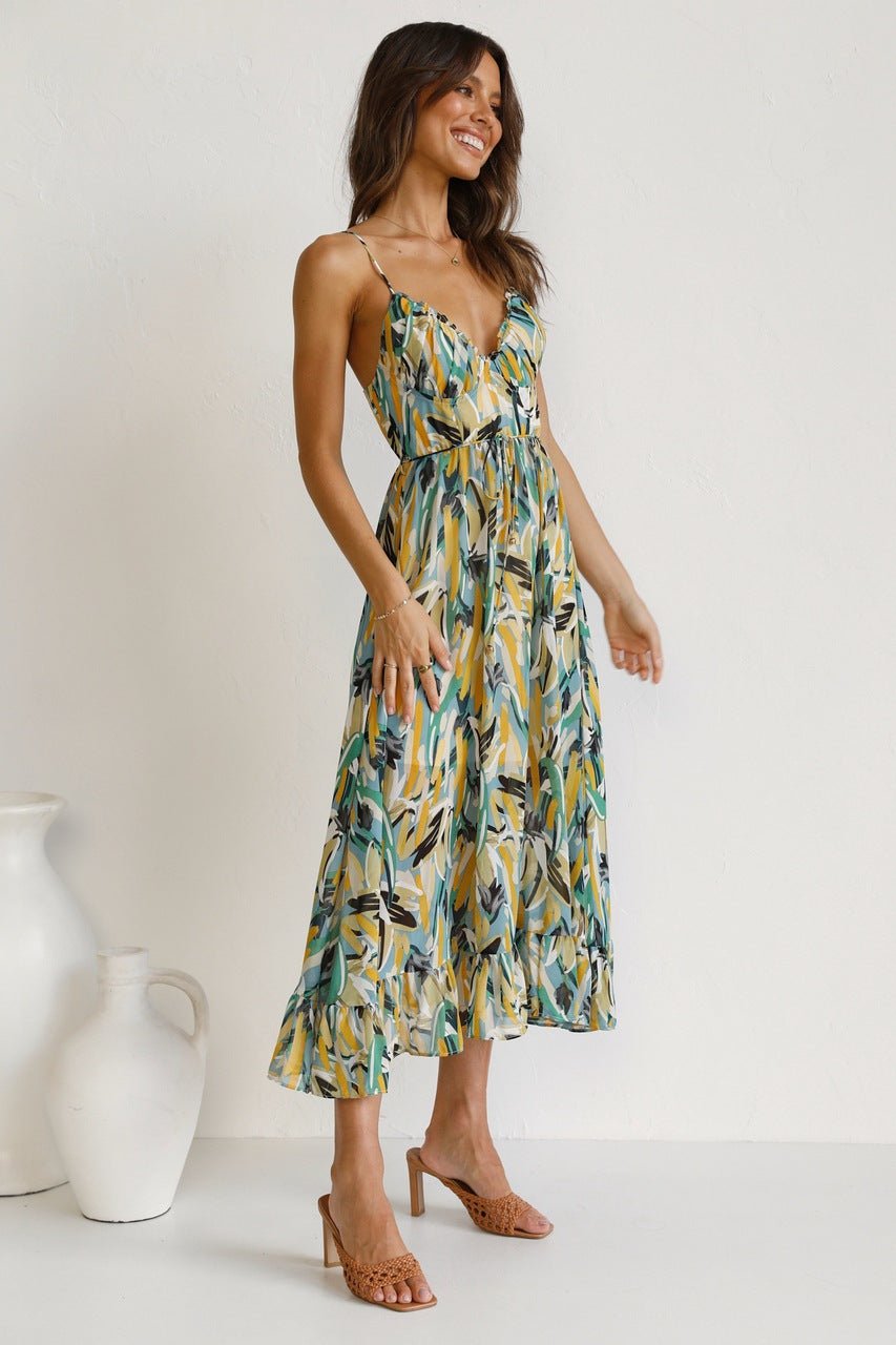Rochie de soare midi Adela cu volane imprimate