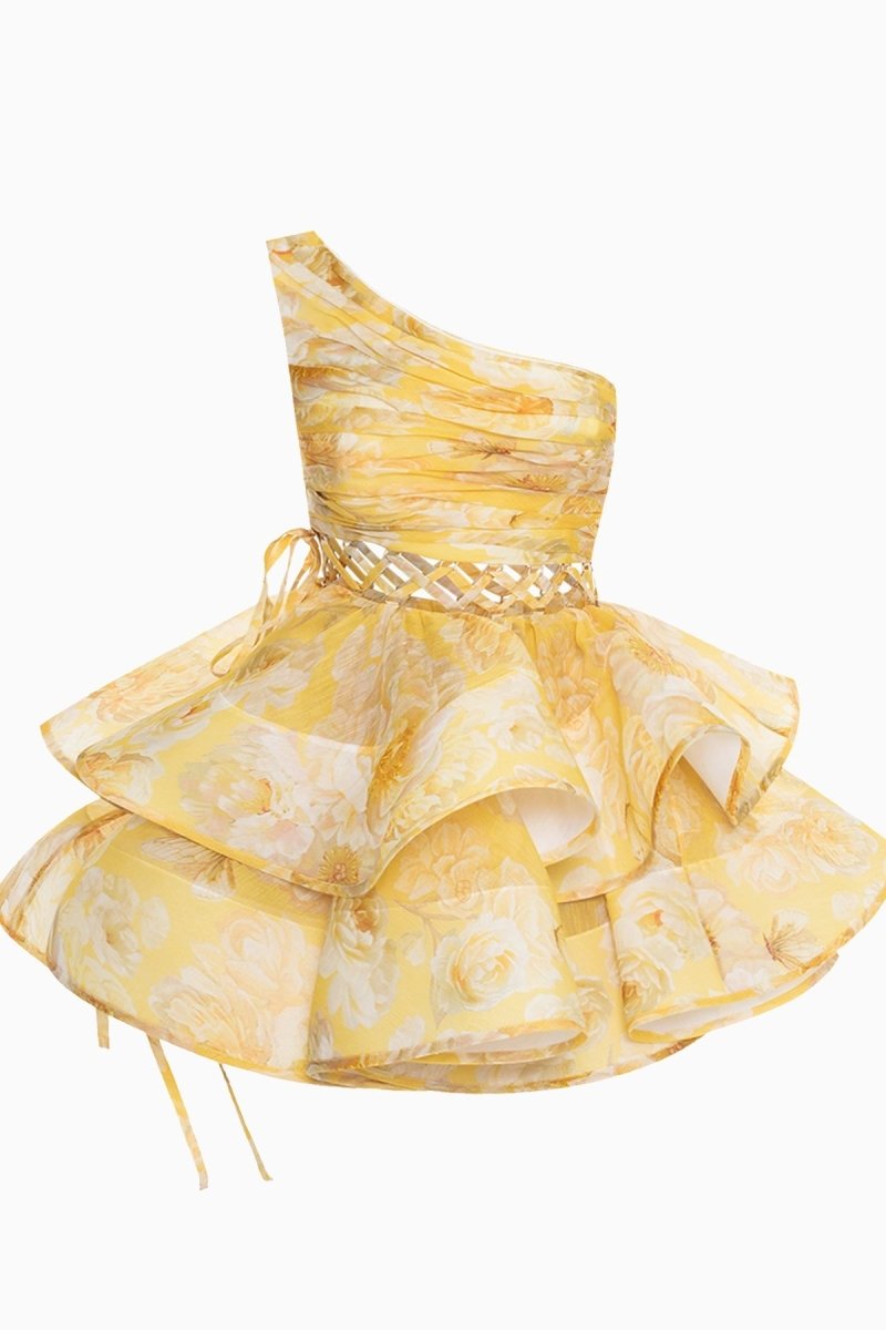 Andrea mini-chiffonjurk met bloemenprint en één schouder