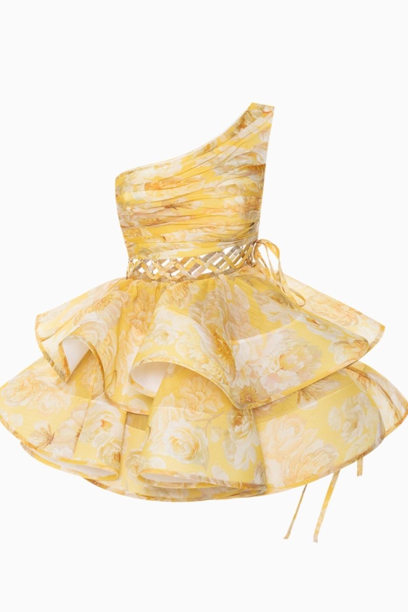 Andrea mini-chiffonjurk met bloemenprint en één schouder
