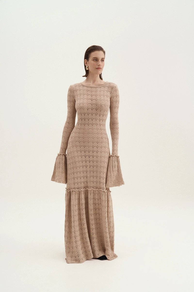 anna knit dress Round Neck Flared Cuff Knitted Maxi SID-96358