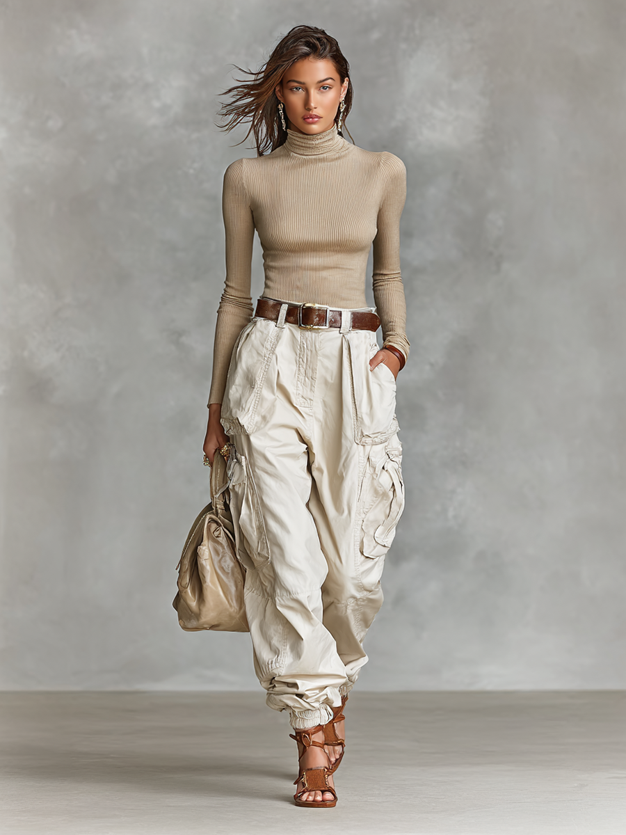 Conjunto de dos piezas para mujer: camiseta ajustada de manga larga con cuello alto y pantalones cargo con múltiples bolsillos (sin cinturón)