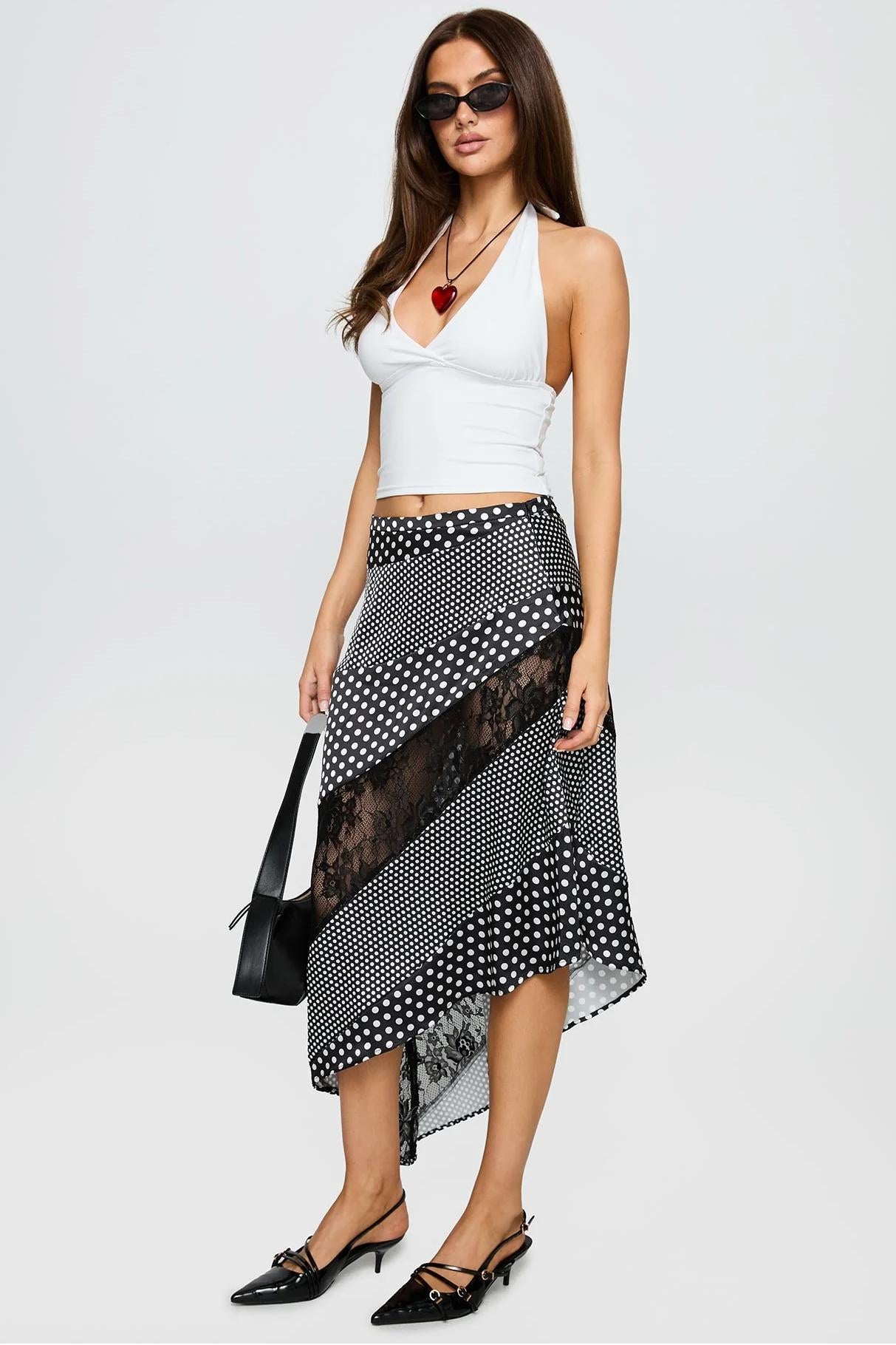 Polka-Dot Lace Asymmetrical Midi Skirt