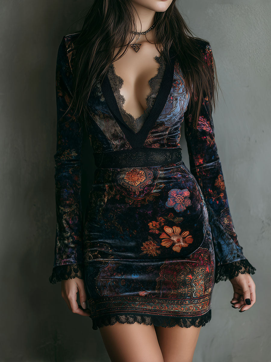 Rochie mini bodycon din catifea cu imprimeu floral boho, decolteu în V și dantelă decorativă