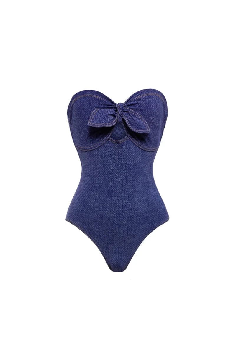 Denim Bandeau One Piece Swimsuit Set