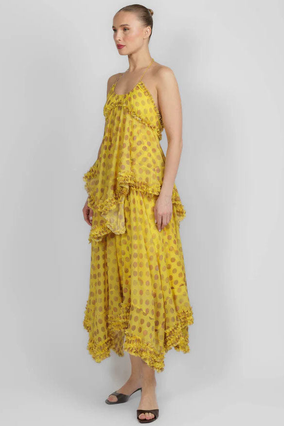 Midikleid mit Tupfenmuster und Rüschensaum