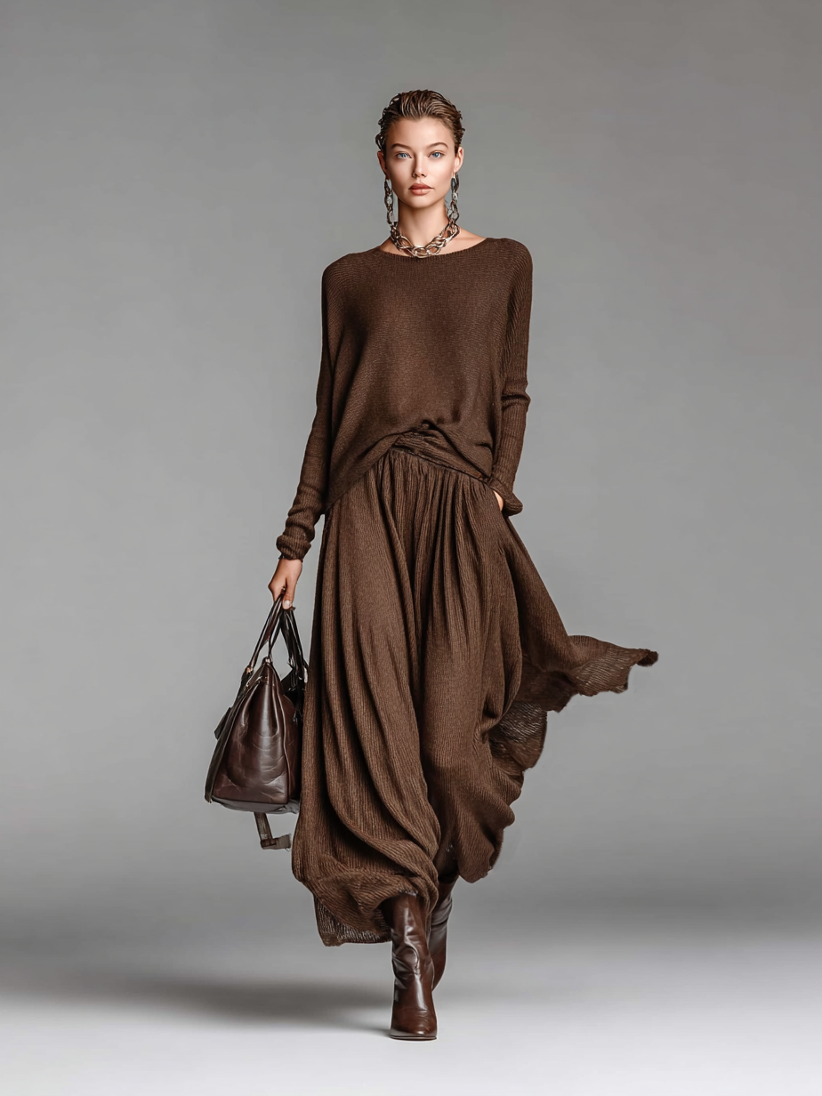 Ensemble jupe et pull tricoté à col rond pour femme