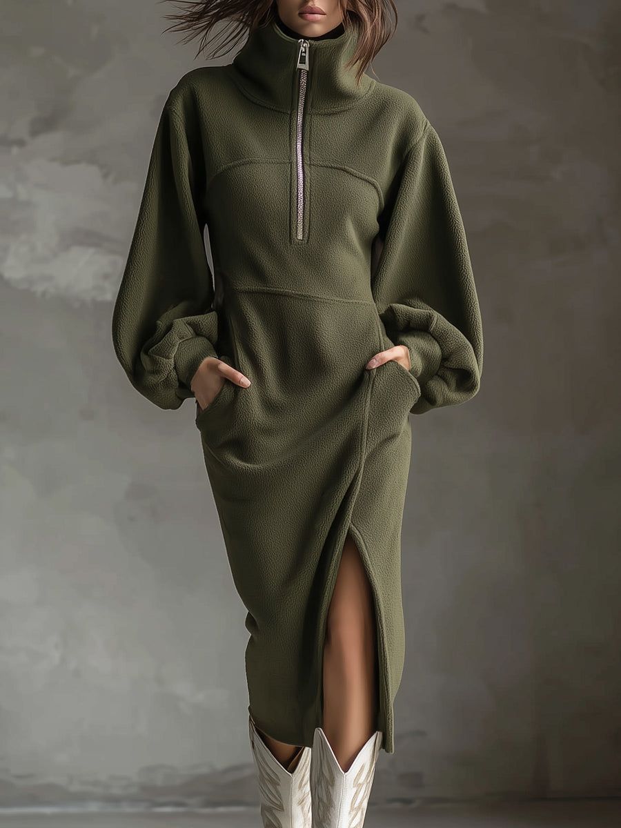 Vestido Midi em Polar Macio com Mangas Lanternas, Fecho Frontal e Fenda Lateral