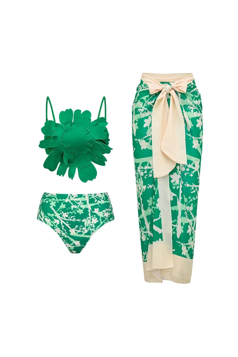 Floral Accent Green Printed Bikini Set