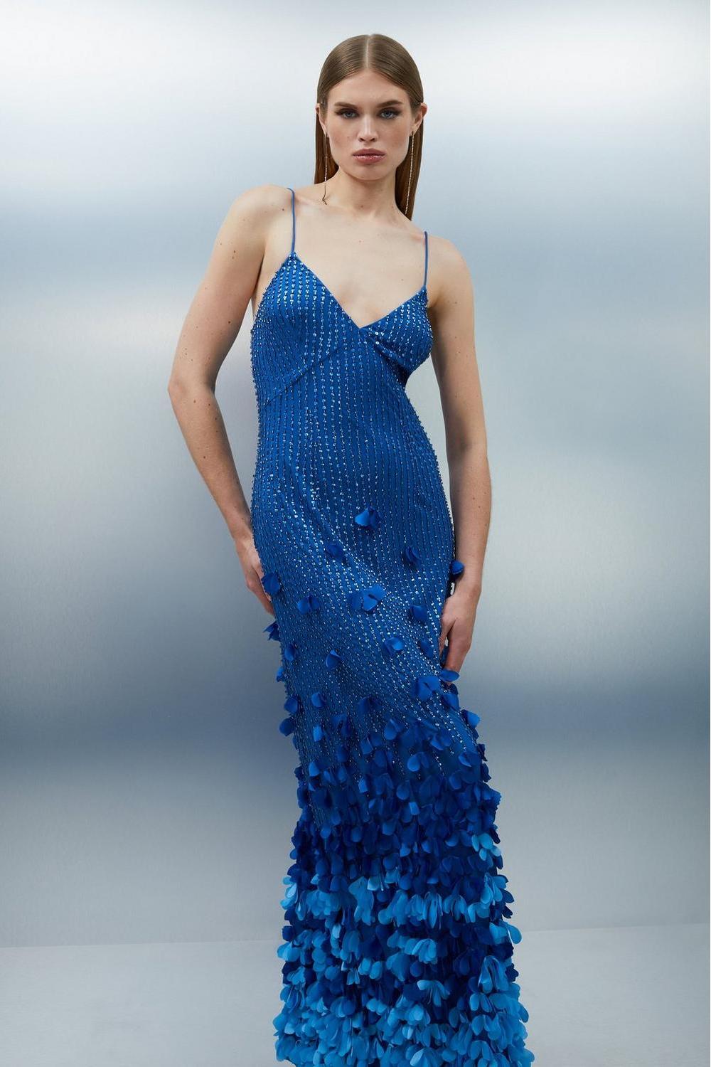 Ombre Blue Petal Embellished Spaghetti Strap Gown